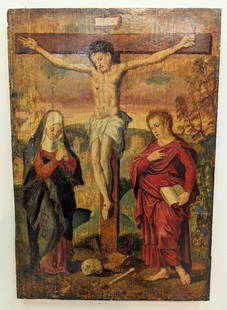 Flemish School 'Christ on the Cross'  16.5x11.5: Flemish school oil on wood panel 'Christ on the Cross'. (After) 16th century Flemish school. Includes a copy of a Dec 1923 auction catalog listing, describing the item from Anderson Galleries (later b