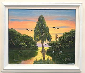 Al Black 20x24 'Cypress Sunset': Al Black (b. 1945) Florida Highwaymen, Florida Art Hall of Fame Artist. Oil painting 'Cypress Sunset' on masonite. Backwater scene with a tall cypress tree, birds in flight and in the water and vivid