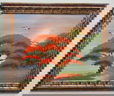 Al Black 16x20 'Royal Poinciana': Al Black (b. 1945) Florida Highwaymen, Florida Art Hall of Fame Artist. Oil painting 'Royal Poinciana' on masonite. Sunset scene with full poinciana tree, with birds in flight. Signed lower right.