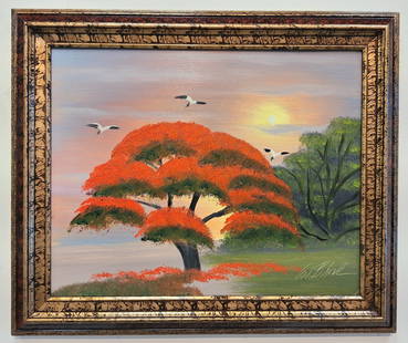 Al Black 16x20 'Royal Poinciana': Al Black (b. 1945) Florida Highwaymen, Florida Art Hall of Fame Artist. Oil painting 'Royal Poinciana' on masonite. Sunset scene with full poinciana tree, with birds in flight. Signed lower right. Mea