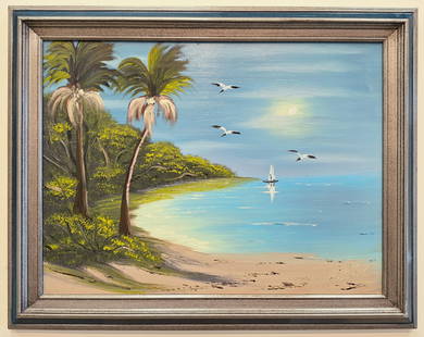 Al Black 18x24 'Sailing the Cove': Al Black (b. 1945) Florida Highwaymen, Florida Art Hall of Fame Artist. Oil painting 'Sailing the Cove' on masonite. Peaceful waterfront scene with a sailboat entering the cove, twin palms, birds in