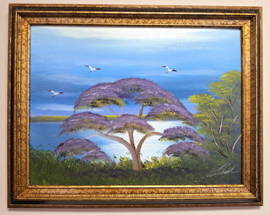 Al Black 18x24 'Jacaranda on the River': Al Black (b. 1945) Florida Highwaymen, Florida Art Hall of Fame Artist. Oil painting 'Jacaranda on the Riverl' on masonite. Calm riverfront scene with a full-bloom Jacaranda tree, light reflection off