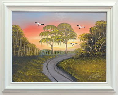 Al Black 18x24 'Pines on the Back Road': Al Black (b. 1945) Florida Highwaymen, Florida Art Hall of Fame Artist. Oil painting 'Pines on the Back Road' on masonite. Backcountry scene with winding road, twin pines, birds and sunset colors. Sig