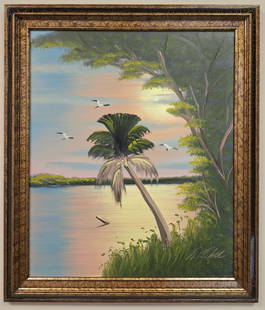 Al Black 24x20 'Sunset Palm': Al Black (b. 1945) Florida Highwaymen, Florida Art Hall of Fame Artist. Oil painting 'Sunset Palm' on masonite. Vivid sunset river scene with a palm tree.. Signed lower right. Measures 24x20 inch (29