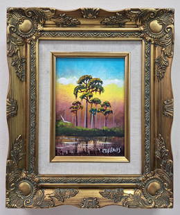 R. L. Lewis 7x5 'Pine Colors': Robert "RL" Lewis (b. 1941) Florida Highwaymen, Florida Art Hall of Fame Artist. Oil painting 'Pine Colors' on canvas board. A colorful backwoods scene with pine trees reflecting in the water, bird in