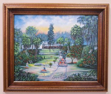 R. L. Lewis 16x20 'Orange Grove' Double Signed Print: Robert "RL" Lewis (b. 1941) Florida Highwaymen, Florida Art Hall of Fame Artist. Double signed and dated print 'Orange Grove on the Oklawaha River'. A beautiful orange grove scene with tremendous deta