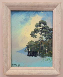 Rodney Demps 12x9 'Misty Pines': Rodney Demps (1953-2020) Florida Highwaymen, Florida Art Hall of Fame Artist. Oil painting 'Misty Pines' on masonite. A misty backcountry scene with large pine trees, birds on the shoreline and cool