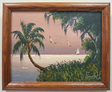 Issac Knight 8x10 'River Sail': Isaac Knight (1941-2022) Florida Highwaymen, Florida Art Hall of Fame Artist. Oil painting. 'River Sail' on board. Great riverfront scene with a large palm tree on the left and oaks with spanish moss