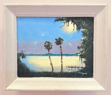 John Maynor 8x10 'Riverfront Palms': John Maynor (1948-2016) Florida Highwaymen, Florida Art Hall of Fame Artist. Oil painting 'Riverfront Palms' on canvas. Wide river scene with a dock, sun reflecting off the water, birds in-flight and