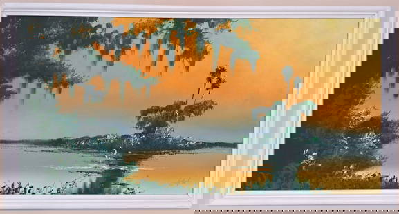 John Maynor 24x48 'Sunset Colors': John Maynor (1948-2016) Florida Highwaymen, Florida Art Hall of Fame Artist. Oil painting 'Backwater Colors' on Upson board. Large, early backwater sunset scene with great sunset coloring, wading