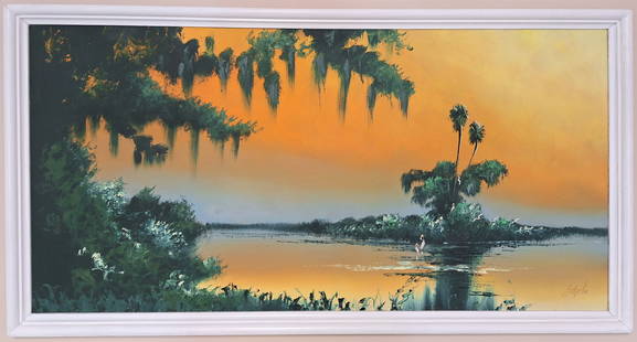 John Maynor 24x48 'Sunset Colors': John Maynor (1948-2016) Florida Highwaymen, Florida Art Hall of Fame Artist. Oil painting 'Backwater Colors' on Upson board. Large, early backwater sunset scene with great sunset coloring, wading