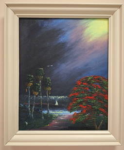 Chico Wheeler 20x16 'Poinciana Sail': Charles "Chico" Wheeler (1946-2019) Florida Highwaymen, Florida Art Hall of Fame Artist. Oil painting. 'Moonlit Poinciana Sail' on masonite. Very nice moonlit river scene with a sailboat on the