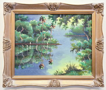 Willie Daniels 16x20 'Backriver Reflections': Willie Daniels (1950-2021) Florida Highwaymen, Florida Art Hall of Fame Artist. Oil painting 'Backriver Reflections' on canvas board. Colorful backriver scene with multiple palms reflecting in the