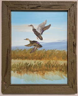 Robert Butler 25 x 19 'Backcountry Ducks': Robert Butler (1943-2014) Florida Highwaymen, Florida Art Hall of Fame Artist. Oil painting 'Backcountry Ducks' on masonite. Backcountry scene with ducks taking flight out of the marsh grass, with