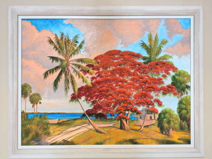 Johnny Daniels 30x40 'Boatyard Poinciana': Johnny 'Hook' Daniels (1954-2009) Florida Highwaymen, Florida Art Hall of Fame Artist. Oil painting 'Boatyard Poinciana' on canvas. A large Ft. Pierce boatyard scene, with a full-bloom poinciana tree,