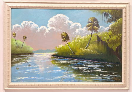 James Gibson 24x36 'Backwater Palms': James Gibson (1938-2017) Florida Highwaymen, Florida Art Hall of Fame Artist. Oil painting 'Backwater Palms' on Upson board. An early Gibson painting signed with a full signture 'James Gibson', four