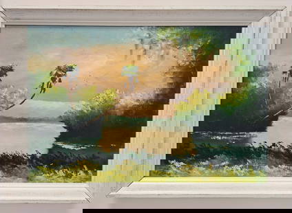 Hezekiah Baker 24x36 'Colorful Backwater': Hezekiah Baker ((1940-2007)) Florida Highwaymen, Florida Art Hall of Fame Artist. Oil painting 'Colorful Backwater' on Upson board. A beautiful backwater scene with vivid coloring, peach clouds, very