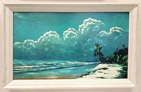 Roy McLendon 22x36 'Rio Mar Palms': Roy McLendon (b. 1932) Florida Highwaymen, Florida Art Hall of Fame Artist. Oil painting 'Rio Mar Palms' on Upson board. A very early example of Roy Mclendon's work, circa 1957, an all palette knife