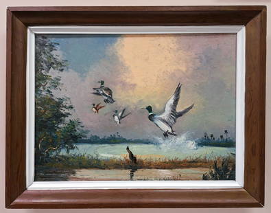 Roy McLendon 24x30 'Backwater Mallards': Roy McLendon (b. 1932) Florida Highwaymen, Florida Art Hall of Fame Artist. Oil painting 'Backwater Mallards' on Upson board. A rare, early Mclendon with wildlife, deep peach clouds and color range.