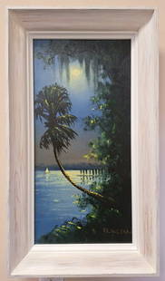 Roy McLendon 24x12 'Moonlit River Sail #1': Roy McLendon (b. 1932) Florida Highwaymen, Florida Art Hall of Fame Artist. Oil painting 'Moonlit River Sail #1' on Upson board. Part of a pair with Lot #30 - A beautiful river scene with moonlight