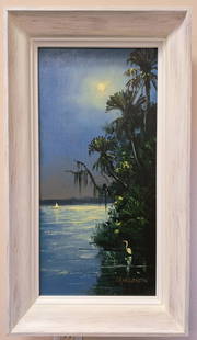 Roy McLendon 24x12 'Moonlit River Sail #2': Roy McLendon (b. 1932) Florida Highwaymen, Florida Art Hall of Fame Artist. Oil painting 'Moonlit River Sail #1' on Upson board. Part of a pair with Lot #29- A beautiful river scene with moonlight on