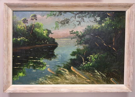 Sam Newton 24x36 'Backriver Sanctuary': Sam Newton (b. 1948) Florida Highwaymen, Florida Art Hall of Fame Artist. Oil painting 'Backriver Sanctuary' on Upson board. Early backriver scene with palm trees, oaks with sunlit highlights, birds