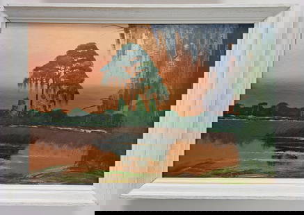 Alfred Hair 24x36 'Pines in the Backcountry': Alfred Hair (-1970) Florida Highwaymen, Florida Art Hall of Fame Artist. Oil painting 'Pines in the Backcountry' on Upson board. Beautiful backcountry scene with orange and peach coloring in the sky,