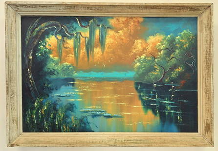 Mary Ann Carroll 24x36 'St. Lucie River Sunset'  In the Book: Mary Ann Carroll (1940-2019) Florida Highwaymen, Florida Art Hall of Fame Artist. Rare, early oil painting 'St. Lucie River Sunset' on Upson board, featured in Gary Monroe's book "Mary Ann Carroll : F