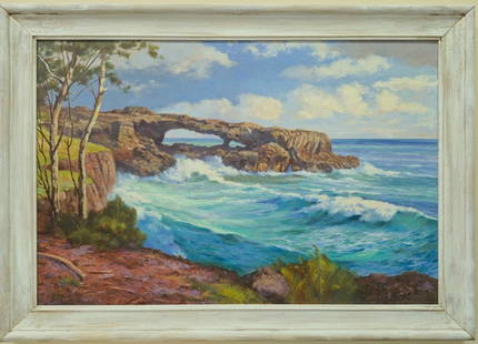 James Hutchinson 24x36 'Ocean Rocks': James Frederick Hutchinson (1932-2023) Florida Art Hall of Fame Artist, brother-in-law of A.E. Backus. Oil painting on canvas, 'Ocean Rocks', a beautiful ocean scene with colorful wave sets crashing