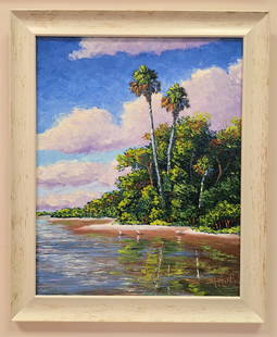 Mark Stanford 16x20 'Palms on the Shore': Mark Stanford (b.1958) Listed Florida artist, studied under Florida Artist Ahmed Eltemtamy, In 2016, Mark won the Annual Judge’s Choice Award with the Sebastian Art Club and 1st Place in the paintin