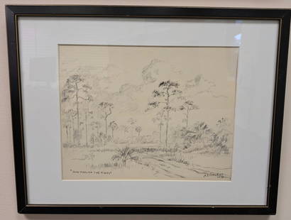 A.E. Backus 11 x 14 'Road Through the Pine' Sketch Print: Albert Earnest 'Beanie' Backus (1906-1990) Indian River School Founder, Florida Art Hall of Fame Artist and Florida Highwaymen Mentor. Part of the 'West Indies & Florida' Sketch Print series from 1979