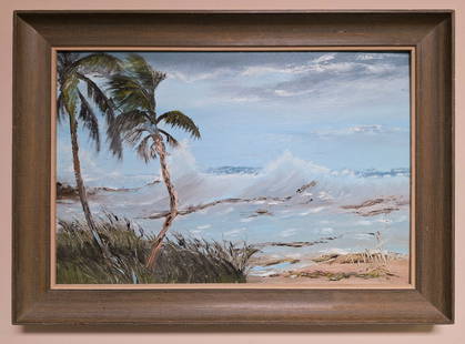 Todd Martin 14x24 'Ocean Palms': Todd Martin (b 1965) American - Florida. Highwaymen-style artist, a formal student of Hall of Fame Highwaymen Artist Al Black. Oil on masonite 'Ocean Palms', great ocean scene with crashing waves and