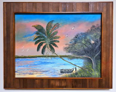 Todd Martin 18x24 'River Palm Colors': Todd Martin (b 1965) American - Florida. Highwaymen-style artist, a formal student of Hall of Fame Highwaymen Artist Al Black. Oil on canvas board, 'River Palm Colors'. A beautiful sunset scene on