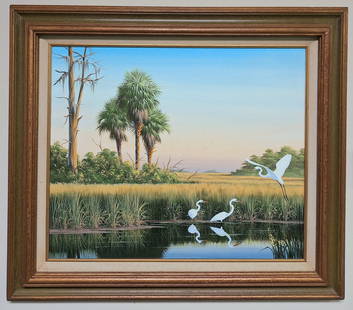 Ben Essenberg 20x24 'Egrets in the Backwaters': Ben W Essenburg (Florida, 1947 - 2018). Self-taught artist, began painting and exhibiting professionally in 1975, receiving numerous awards for his fine, realistic Florida lanscape scenes. Acrylic pai