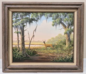 Ben Essenberg 20x24  'Backcountry Buck': Ben W Essenburg (Florida, 1947 - 2018). Self-taught artist, began painting and exhibiting professionally in 1975, receiving numerous awards for his fine, realistic Florida lanscape scenes. Acrylic pai