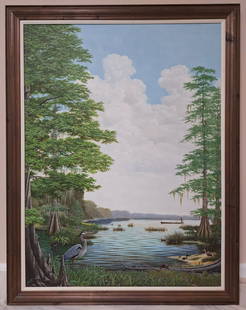 Guy LaBree 48x36 'Seminole Backwaters': Guy LaBree (1941 - 2015) Florida Art Hall of Fame Artist - Inducted 2020. LaBree developed a close relationship with the Seminole tribe, painting images of Seminole daily life, as well as depictions o