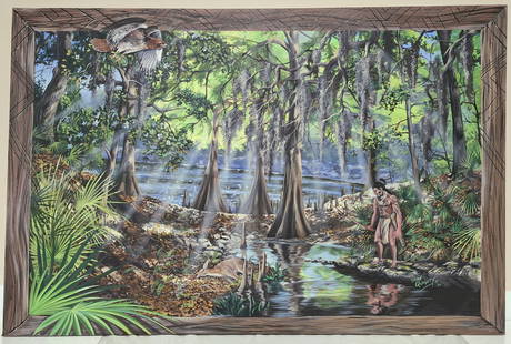 Dean Quigley 43x64 'Seminole Deer Hunt': Dean Quigley (b. 1965) American - Florida. Graduated Savannah College of Art & Design, Associate of Arts, Archaeology. Known for his paintings of Florida Seminole and Native American scenes. Oil on
