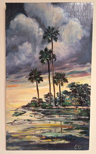 E.B. Stowe 26x15 'Backwater Palms': Edmund Bruce (E.B.) Stowe (1895-1995) Listed Florida artist from Mount Dora and Sanford. Known for wilderness scenes, his favorite subject was the St. Johns River. One of his oil paintings, of a palm