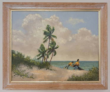 Russell Scheibenberger 16x20 'Ocean Palms': Robert Russell Sheibenberger (1896-1985), Florida Artist - Colleague and informal student of A.E. Backus, Inidan River School. A Florida beach scene with grass on the dunes, three palms in the wind
