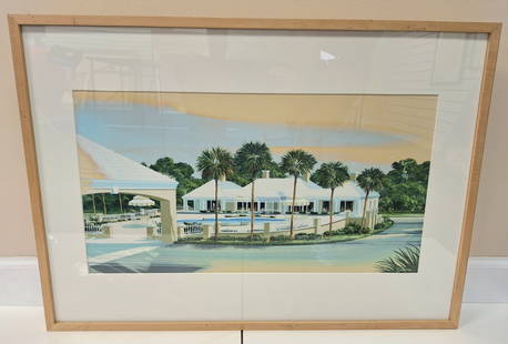 'Palm Beach Estate' Fine Art Watercolor 14x25: Original fine art watercolor on paper, signed 'Jowers'? 'Palm Beach Estate', this came out of a gallery in Palm Beach, FL. Beautifully done, matted under glass, signed lower right. Measures 14 x 25