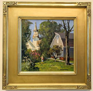 Tom Nicholas 12x12 'Summer Roses Jonesport': Tom Nicholas (b 1934 ) Academician of the National Academy of Design. Oil painting 'Summer Roses Jonesport' on artist board. Garden scene with lady walking amongst houses and a church. Signed lower