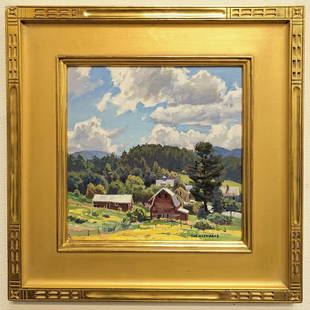 T.M. Nicholas 12x12 'Pumpkin Hollow Farm': T.M. Nicholas (b 1963) Rockport School of Art. Oil painting 'Pumpkin Hollow Farm' on masonite. A beautiful farm scene with red barns and houses on the hillside with billowed clouds. Signed lower rlght