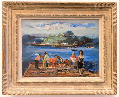 Louis Bosa 12x16 'Fishing Wharf Rockport': Louis Bosa (1905-1981) Pennsylvania/New York/Italy, Bucks County/Art Students League. Oil on masonite 'Fishing Wharf Rockport'.Fishing wharf scene with men and women, boats in the water and houses on