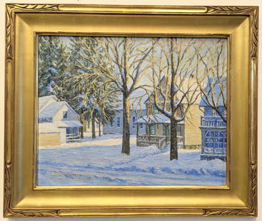 William Lester Stevens 16x20 'Fresh Snowfall': William Lester Stevens American, 1888-1969) Stevens, along with Aldro Hibbard, was instrumental in organizing the Rockport Art Association in 1921. Oil painting on canvas board 'Fresh Snowfall',
