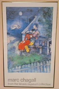 Marc Chagall 34x21 'The Lovers' Vintage Museum Print: Marc Chagall (1887-1985) New York - France. 'The Lovers' vintage print from the Tel Aviv Museum Collection. Measures 34x21 inch, framed under glass Overall very good condition