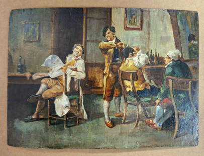 Giuseppe Constantini 9x12 'Barber Shop': Giuseppe Constantini (1844-1894) Italian - Naples. Went to the Art Institute in Naples and attended the Academy of BB. AA. at Naples, friends with the painters of the School of Posillipo, returned to