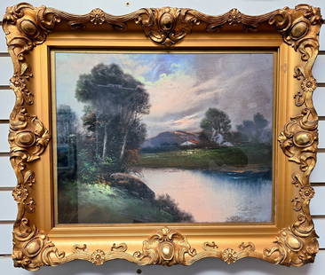 William Henry Chandler 16x20 'Hudson River': William Henry Chandler (1854-1928) American - New York - New Jersey - Original pastel, 'Hudson River', beautiful upstate river scene with trees, mountain and house in the distance. Signed lower left.