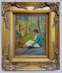 Maxim Lubovsky 'Seated Woman' 9x7: Maxim Harry Lubovsky (1877-1967) Russia - New York - Original oil painting on canvas board, 'Seated Woman', beautifully painted outdoor scene, vivid coloring. Signed lower right. Measures 9 x 7 