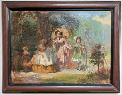 Imre Gergely 'Family in the Park' 20x27: Imre Gergely (1868-1914) Hungarian - Academy of Budapest and in Munich with Hollosy and Liezen-Meyer, in Karlsruhe with Baisch. Oil painting on canvas, 'Family at the Park', beautifully painted scene