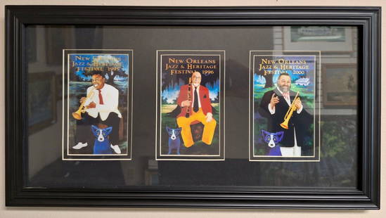 George Rodrigue Jazz Fest Blue Dog Triptych 9.5x19.5": New Orleans Jazz & Heritage Festival George Rodrigue 'Blue Dog' triptych prints, framed and matted under glass. Measures 9.5 x 19.5 inch. (12 x 12 with frame). Overall excellent condition